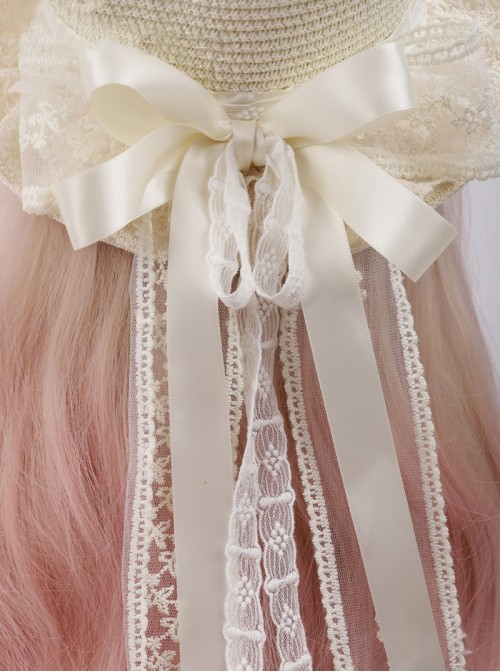 Elegant Pastoral Style White Cute Exquisite Lace Bowknot Ribbon Forest Style Sweet Lolita Straw Hat