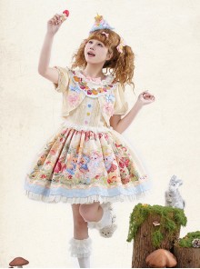 Pulling Carrots Series Yellow Cute Fairytale Forest Animal Print Bowknot Decoration Lace Fluffy Hem Sweet Lolita Short Sleeved Dress