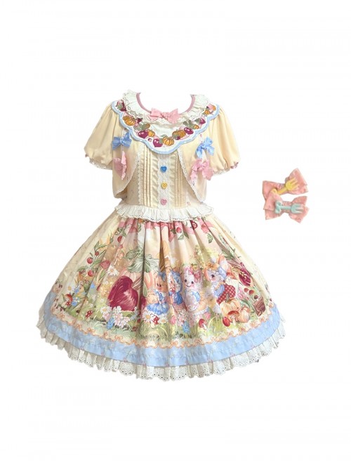 Pulling Carrots Series Yellow Cute Fairytale Forest Animal Print Bowknot Decoration Lace Fluffy Hem Sweet Lolita Short Sleeve Dress