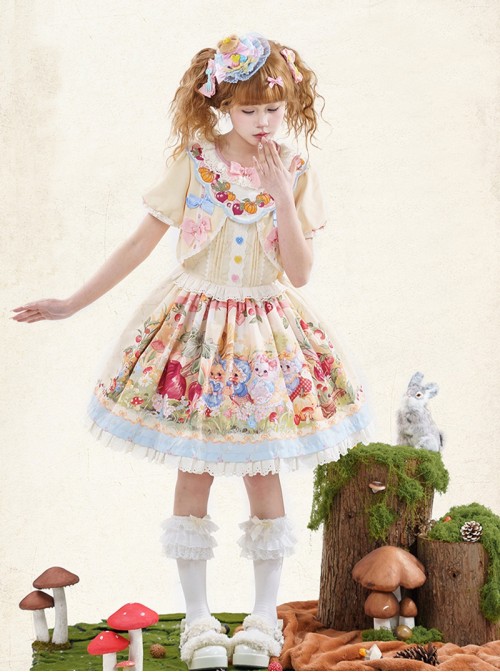 Pulling Carrots Series Yellow Cute Fairytale Forest Animal Print Bowknot Decoration Lace Fluffy Hem Sweet Lolita Short Sleeve Dress