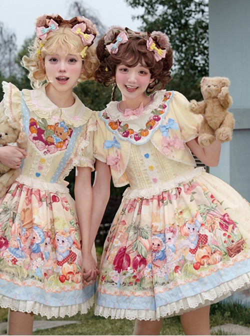 Pulling Carrots Series Yellow Cute Fairytale Forest Animal Print Bowknot Decoration Lace Fluffy Hem Sweet Lolita Short Sleeve Dress