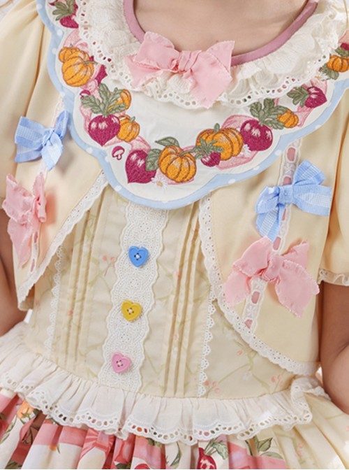 Pulling Carrots Series Yellow Cute Fairytale Forest Animal Print Bowknot Decoration Lace Fluffy Hem Sweet Lolita Short Sleeve Dress