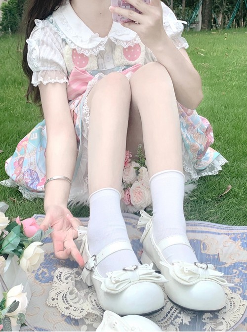 Fudie Girls Series Comfortable Low Heel Round Toe Three Layer Bowknot Decoration Heart Shaped Metal Buckle Sweet Lolita Mary Jane Shoes
