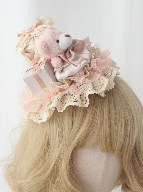 Cute Plush Bear Gift Box Exquisite Lace Bowknot Ribbon Decoration Sweet Lolita Small Hat