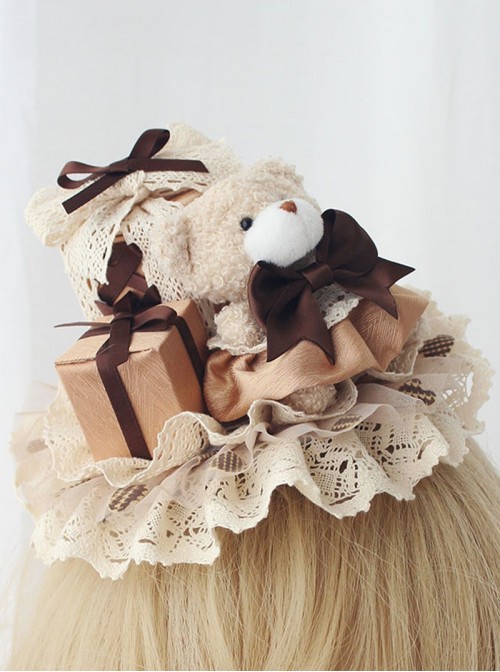 Cute Plush Bear Gift Box Exquisite Lace Bowknot Ribbon Decoration Sweet Lolita Small Hat