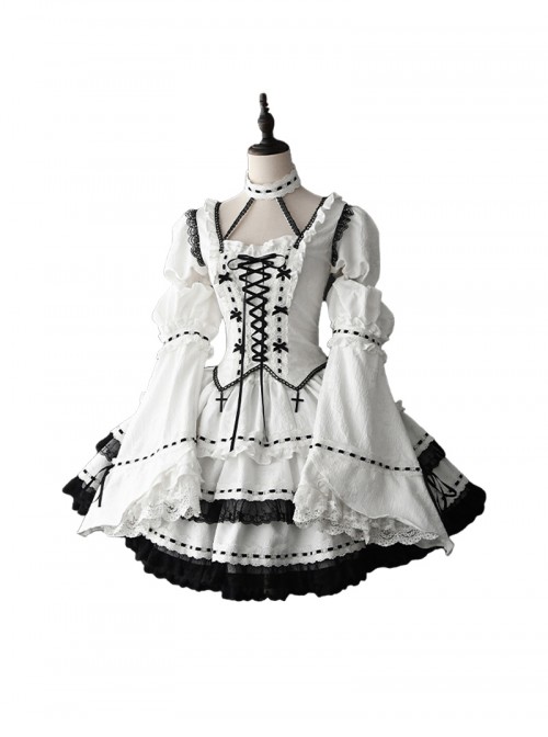 Shugo Chara Series Black White Binding Band Lace Choker Decoration Puff Sleeve Spliced Lace Bell Sleeves Gothic Lolita Long Sleeve Dress