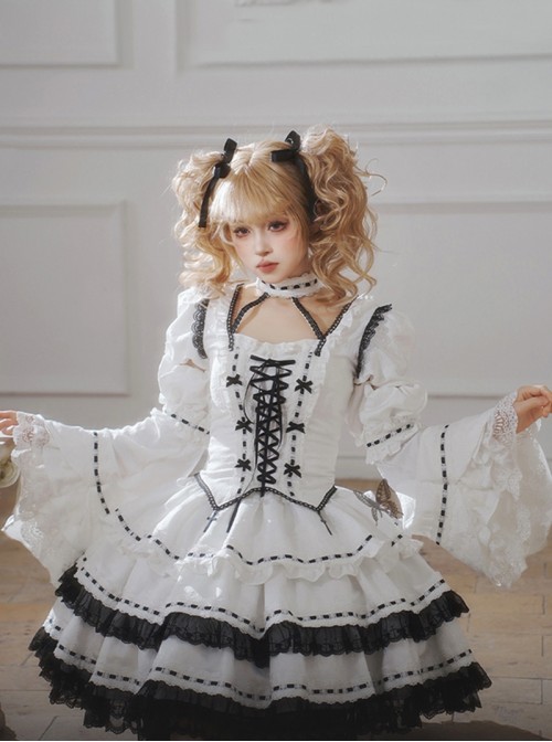 Shugo Chara Series Black White Binding Band Lace Choker Decoration Puff Sleeve Spliced Lace Bell Sleeves Gothic Lolita Long Sleeve Dress