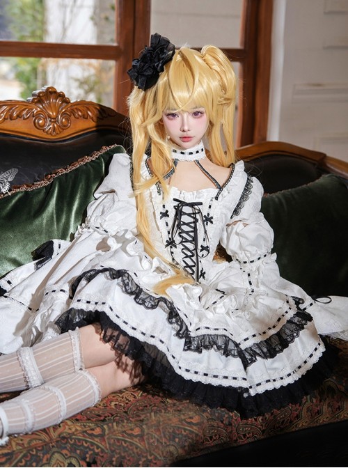 Shugo Chara Series Black White Binding Band Lace Choker Decoration Puff Sleeve Spliced Lace Bell Sleeves Gothic Lolita Long Sleeve Dress