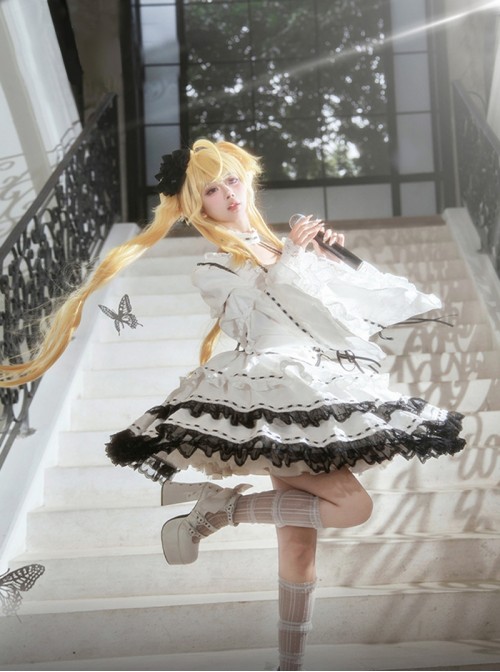 Shugo Chara Series Black White Binding Band Lace Choker Decoration Puff Sleeve Spliced Lace Bell Sleeves Gothic Lolita Long Sleeve Dress