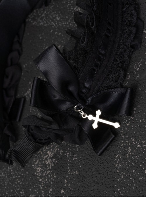 Dark Style Exquisite Handmade Black Bowknot Cross Metal Decoration Gothic Lolita Lace Headband
