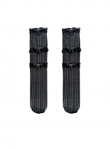 Cute Basic Daily Vertical Striped  Diamond Bowknot Silver Lace Sweet Lolita Calf Socks