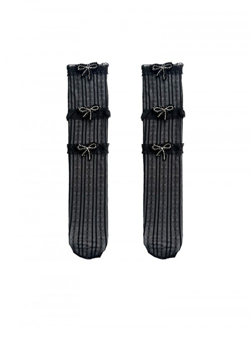 Cute Basic Daily Vertical Striped  Diamond Bowknot Silver Lace Sweet Lolita Calf Socks