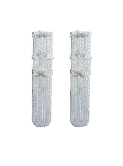 Cute Basic Daily Vertical Striped  Diamond Bowknot Silver Lace Sweet Lolita Calf Socks