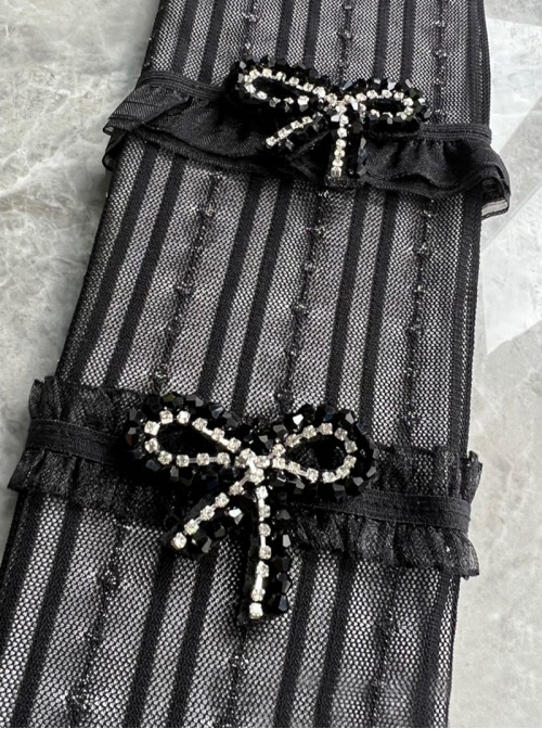 Cute Basic Daily Vertical Striped  Diamond Bowknot Silver Lace Sweet Lolita Calf Socks