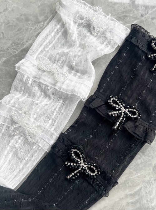 Cute Basic Daily Vertical Striped  Diamond Bowknot Silver Lace Sweet Lolita Calf Socks