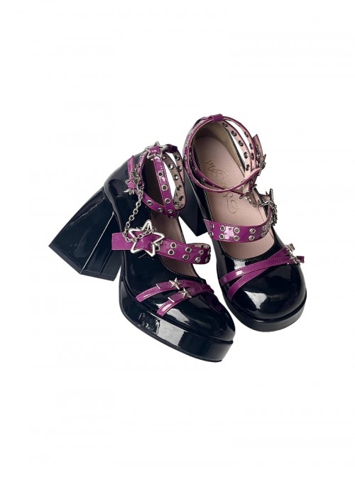 Ghost Night Series Sweet Cool Y2K Star Buckle Metal Chain Decoration Round Head High Heel Punk Lolita Mary Jane Shoes