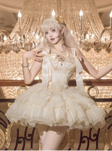 Cream Polka Dot Series Apricot Elegant Rhinestone Pearl Chain Bowknot Decoration Corset Bones Ballet Style Lace Hem Sweet Lolita Slip Skirt Set