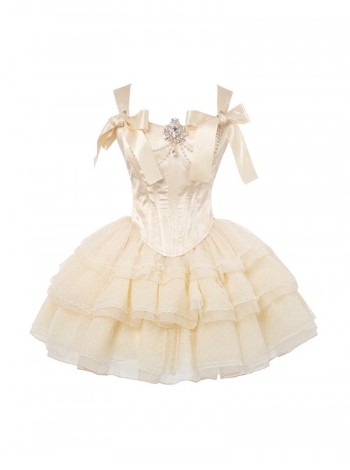 Cream Polka Dot Series Apricot Elegant Rhinestone Pearl Chain Bowknot Decoration Corset Bones Ballet Style Lace Hem Sweet Lolita Top Skirt Set