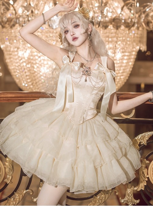 Cream Polka Dot Series Apricot Elegant Rhinestone Pearl Chain Bowknot Decoration Corset Bones Ballet Style Lace Hem Sweet Lolita Top Skirt Set