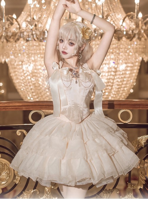 Cream Polka Dot Series Apricot Elegant Rhinestone Pearl Chain Bowknot Decoration Corset Bones Ballet Style Lace Hem Sweet Lolita Top Skirt Set