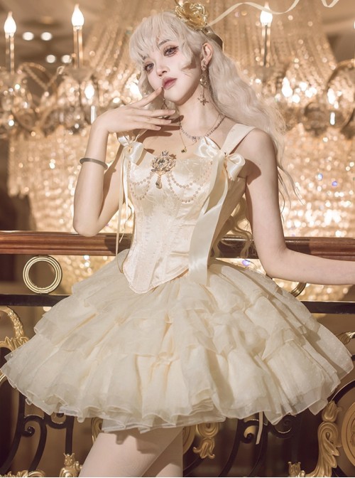Cream Polka Dot Series Apricot Elegant Rhinestone Pearl Chain Bowknot Decoration Corset Bones Ballet Style Lace Hem Sweet Lolita Top Skirt Set