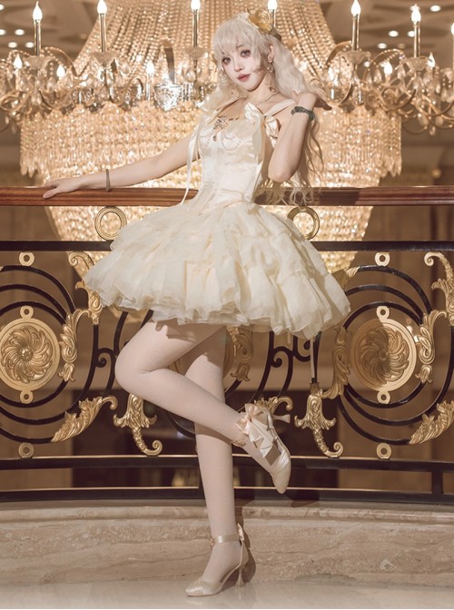 Cream Polka Dot Series Apricot Elegant Rhinestone Pearl Chain Bowknot Decoration Corset Bones Ballet Style Lace Hem Sweet Lolita Top Skirt Set