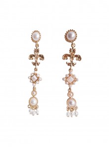 Baroque Style Gorgeous Retro European Golden Metal Pearl Decoration Palace Style Classic Lolita Long Earrings