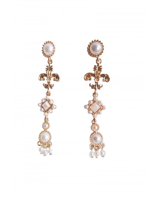 Baroque Style Gorgeous Retro European Golden Metal Pearl Decoration Palace Style Classic Lolita Long Earrings