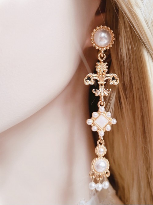 Baroque Style Gorgeous Retro European Golden Metal Pearl Decoration Palace Style Classic Lolita Long Earrings