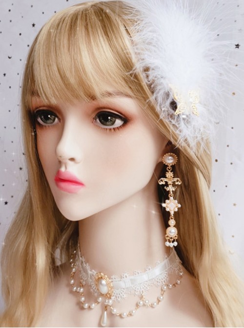 Baroque Style Gorgeous Retro European Golden Metal Pearl Decoration Palace Style Classic Lolita Long Earrings