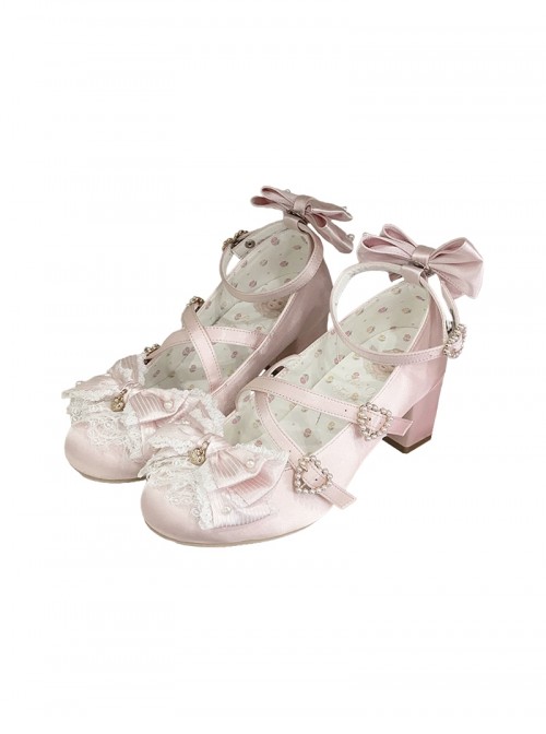 Chanson Cream Series Round Toe Bowknot Pearl Lace Crisscross Shoelace Design Thin Bottom Mid Heel Sweet Lolita Thick Heel Shoes