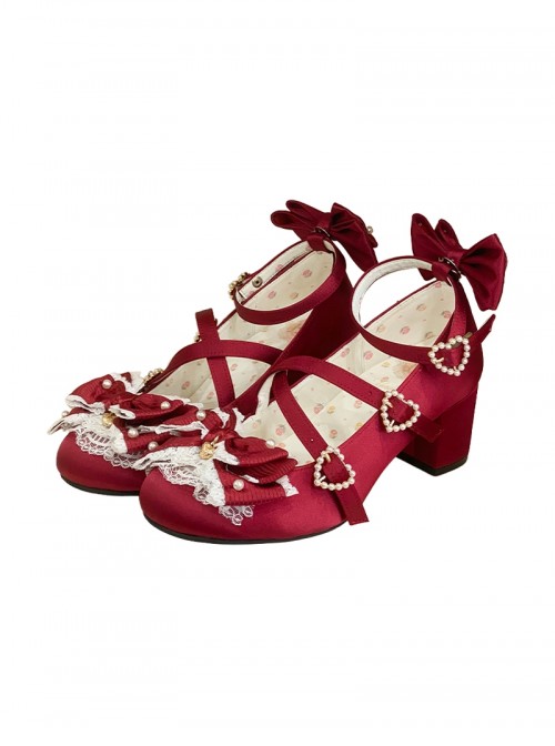 Chanson Cream Series Round Toe Bowknot Pearl Lace Crisscross Shoelace Design Thin Bottom Mid Heel Sweet Lolita Thick Heel Shoes