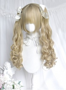 Dolls Convention Series Retro Beige Golden Cute Flat Bangs Long Curly Twin Ponytail Sweet Lolita Wig