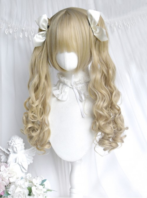 Dolls Convention Series Retro Beige Golden Cute Flat Bangs Long Curly Twin Ponytail Sweet Lolita Wig