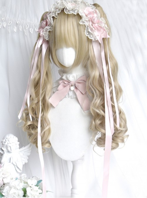 Dolls Convention Series Retro Beige Golden Cute Flat Bangs Long Curly Twin Ponytail Sweet Lolita Wig