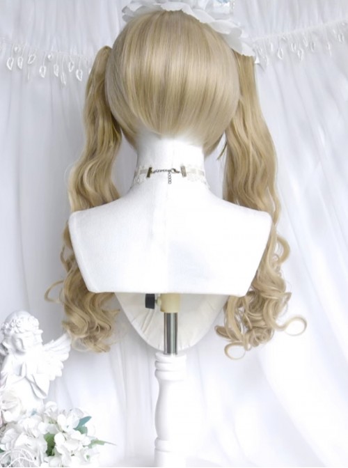 Dolls Convention Series Retro Beige Golden Cute Flat Bangs Long Curly Twin Ponytail Sweet Lolita Wig