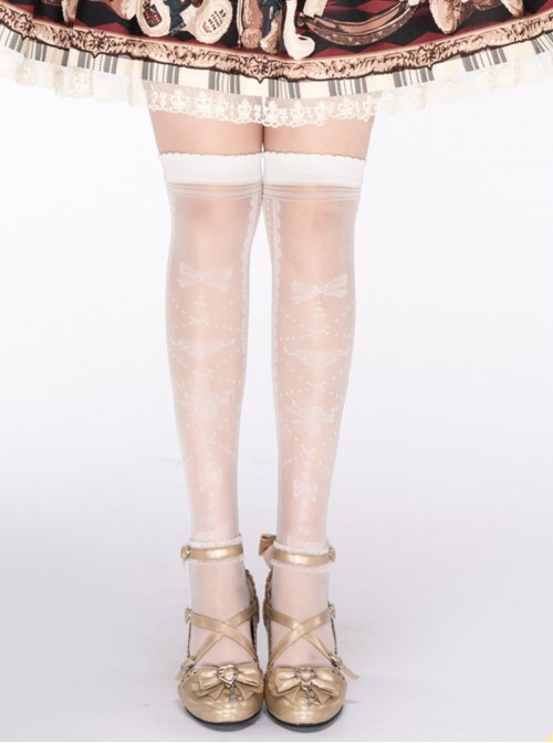 White Delicate Lace Angel Bowknot Heart Pattern Polka Dot Decoration Sweet Lolita Over The Knee Stockings