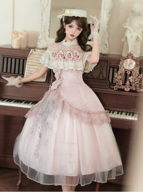 Rose Poem Series Pink Exquisite Three Dimensional Flower Bow Pearl Decoration Retro Print Light Lace Classic Lolita Dress Set