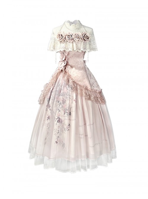 Rose Poem Series Pink Exquisite Three Dimensional Flower Bow Pearl Decoration Retro Print Light Lace Classic Lolita Dress Set