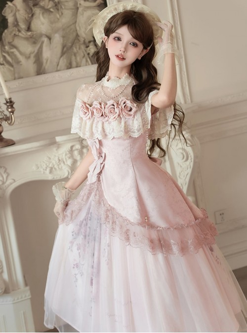 Rose Poem Series Pink Exquisite Three Dimensional Flower Bow Pearl Decoration Retro Print Light Lace Classic Lolita Dress Set
