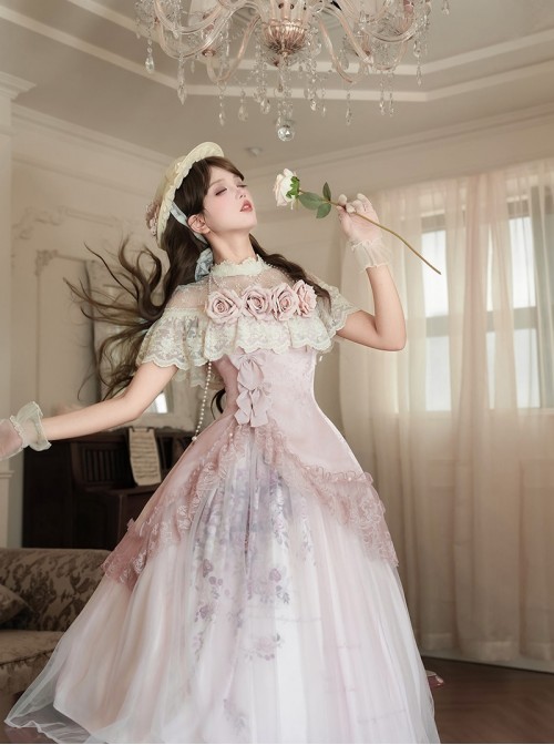 Rose Poem Series Pink Exquisite Three Dimensional Flower Bow Pearl Decoration Retro Print Light Lace Classic Lolita Dress Set