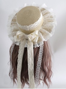 Elegant Daily Beige Forest Style Long Ribbon Lace Bowknot Classic Lolita Straw Sun Hat