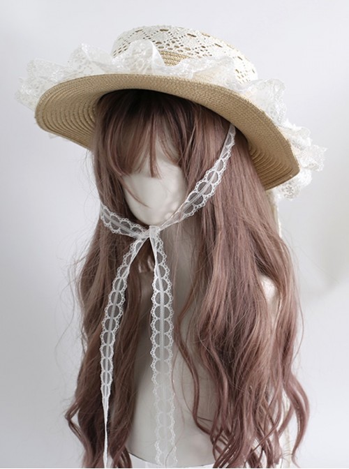 Elegant Daily Beige Forest Style Long Ribbon Lace Bowknot Classic Lolita Straw Sun Hat