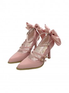 Moonlight Song Series Kawaii Bowknot Ribbon Embellished Double Layered Strap Buckle Pointed Toe Sweet Lolita Fine High Heel Shoes