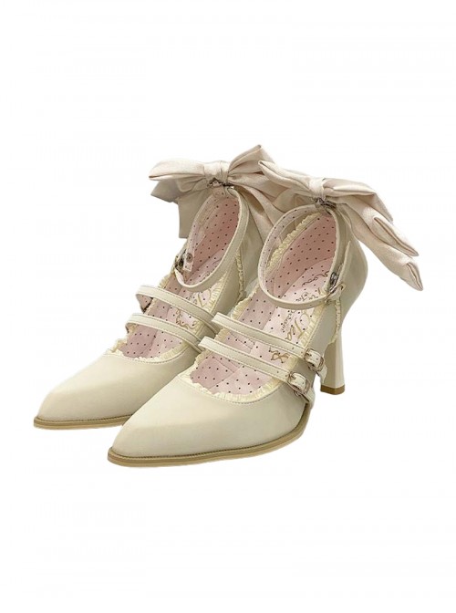 Moonlight Song Series Kawaii Bowknot Ribbon Embellished Double Layered Strap Buckle Pointed Toe Sweet Lolita Fine High Heel Shoes