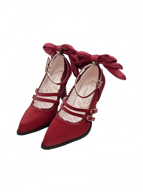 Moonlight Song Series Kawaii Bowknot Ribbon Embellished Double Layered Strap Buckle Pointed Toe Sweet Lolita Fine High Heel Shoes