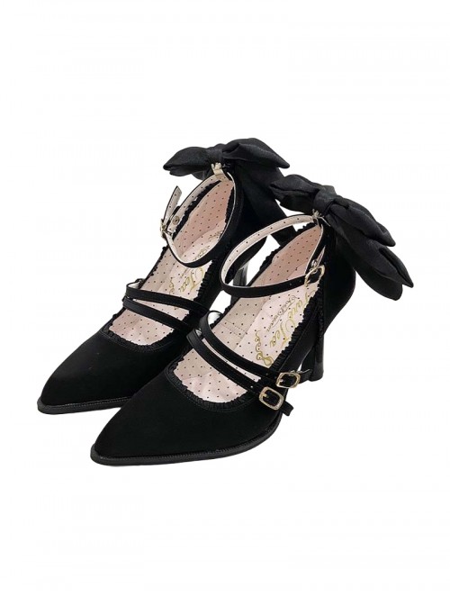 Moonlight Song Series Kawaii Bowknot Ribbon Embellished Double Layered Strap Buckle Pointed Toe Sweet Lolita Fine High Heel Shoes