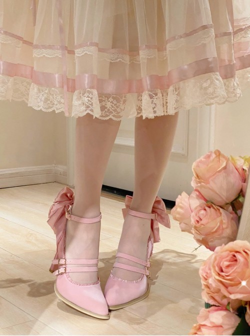 Moonlight Song Series Kawaii Bowknot Ribbon Embellished Double Layered Strap Buckle Pointed Toe Sweet Lolita Fine High Heel Shoes