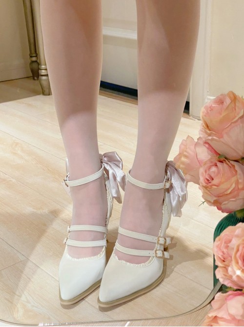 Moonlight Song Series Kawaii Bowknot Ribbon Embellished Double Layered Strap Buckle Pointed Toe Sweet Lolita Fine High Heel Shoes