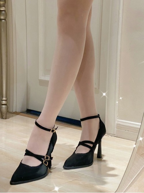 Moonlight Song Series Kawaii Bowknot Ribbon Embellished Double Layered Strap Buckle Pointed Toe Sweet Lolita Fine High Heel Shoes